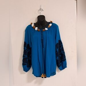 Figue BOHO Blue Misses 100% Cotton Long Sleeve Top with Embroidery Size XS